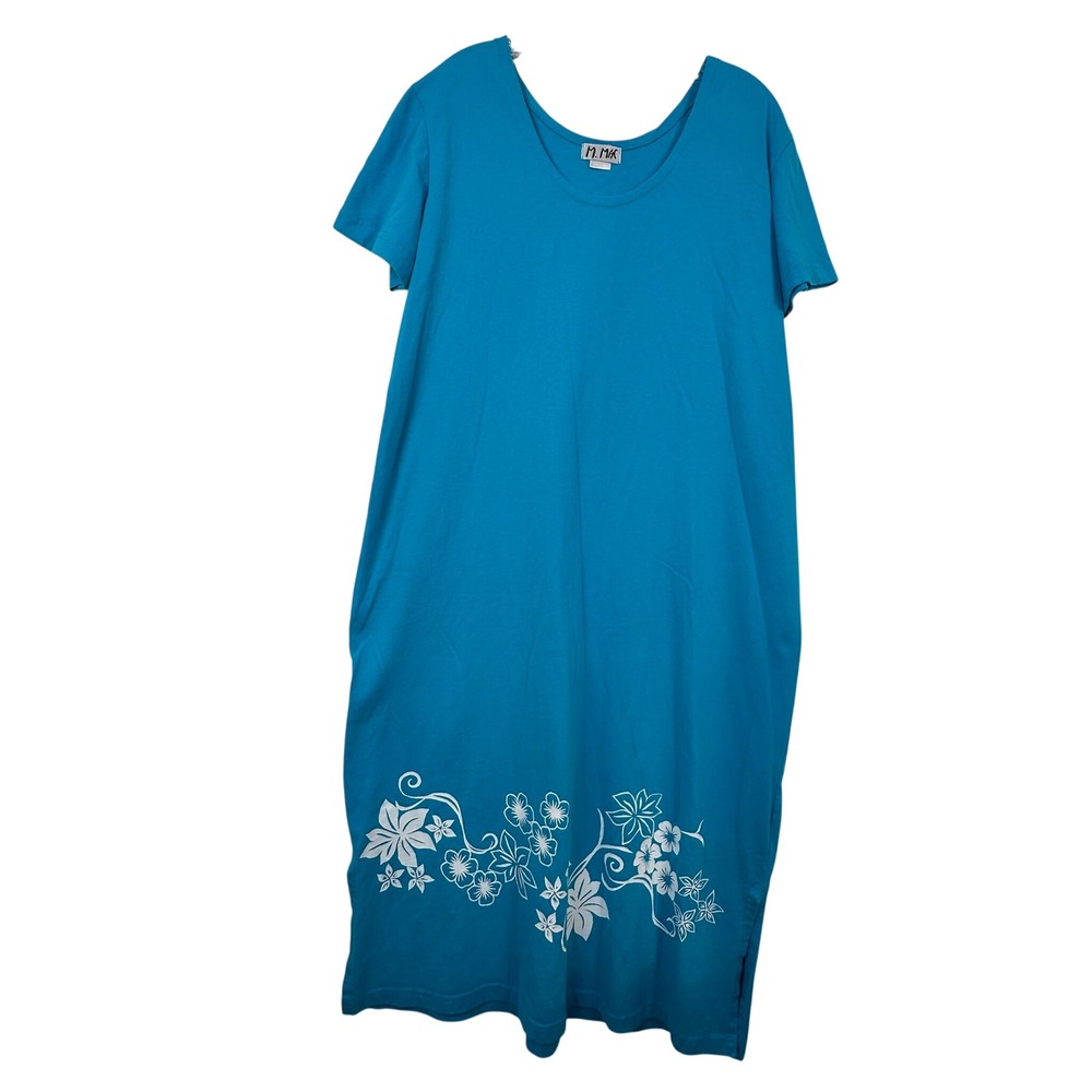 M. Mac Turquoise Blue Floral Cotton Maxi‎ T-Shirt Dress Made in USA Womens L